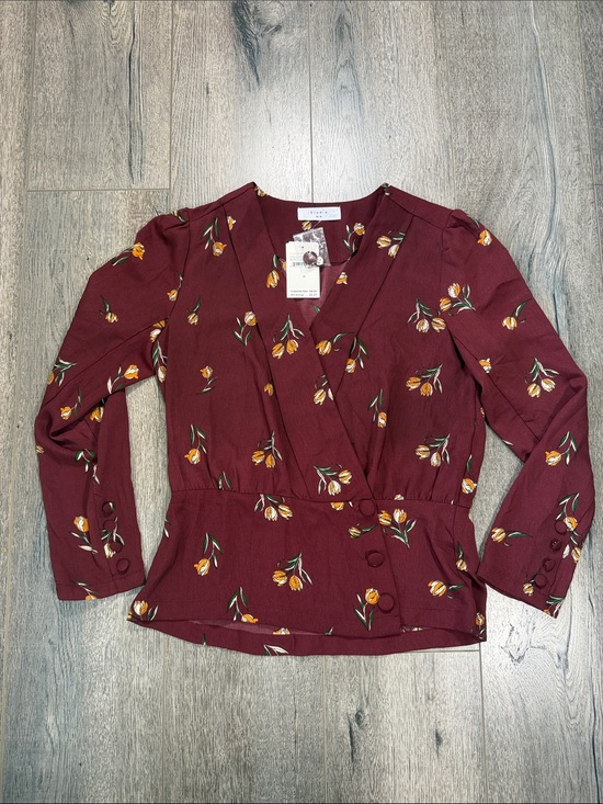 Elodie Tops - Elodie Burgundy Floral Wrap Blouse with Yellow Accent